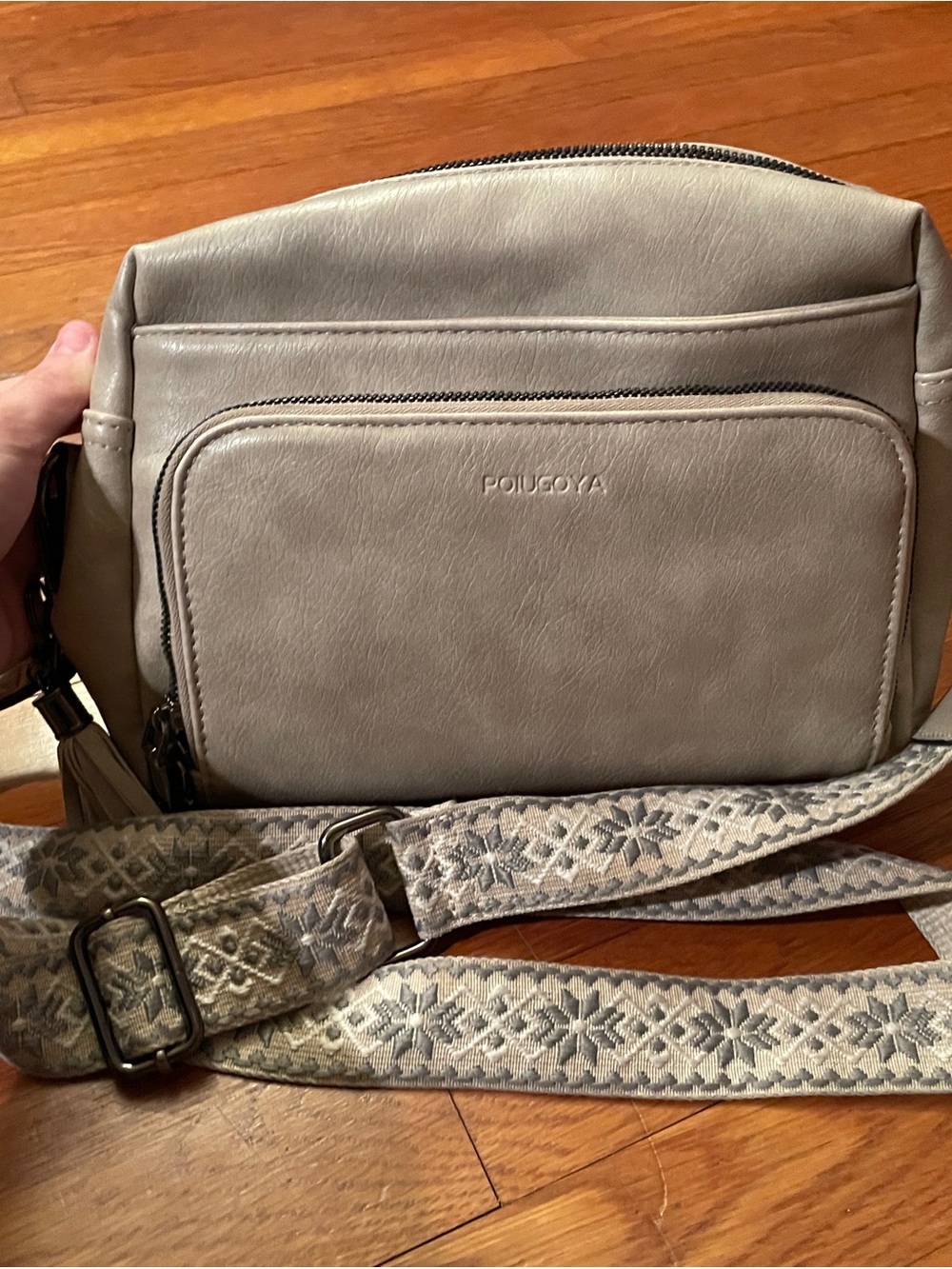 POIUGOYA Taupe Crossbody Bag with Patterned Strap